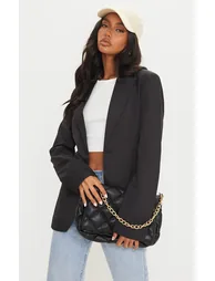 Black Woven Cinched Curve Hem Blazer