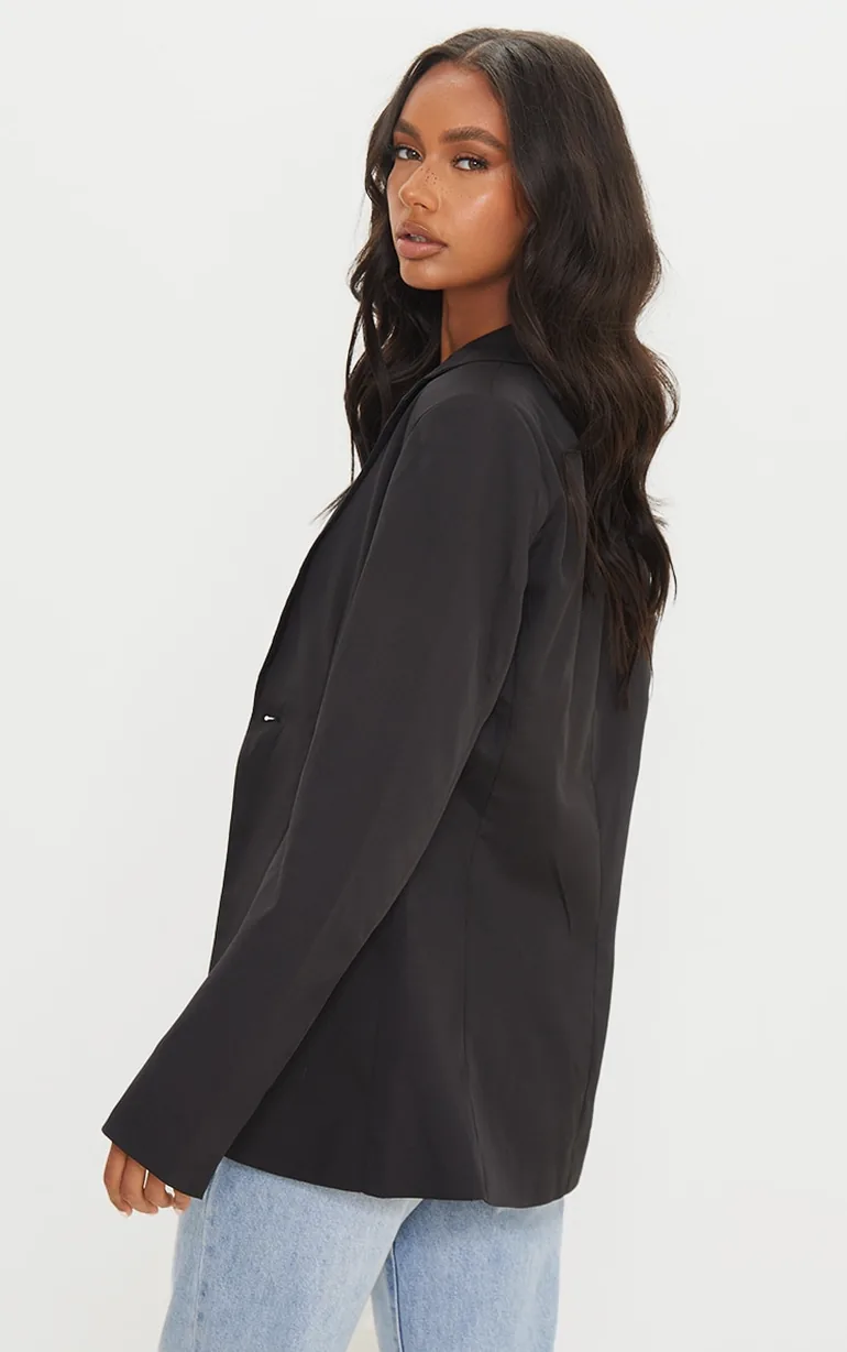 Black Woven Cinched Curve Hem Blazer - 1