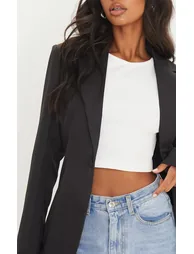Black Woven Cinched Curve Hem Blazer - 3