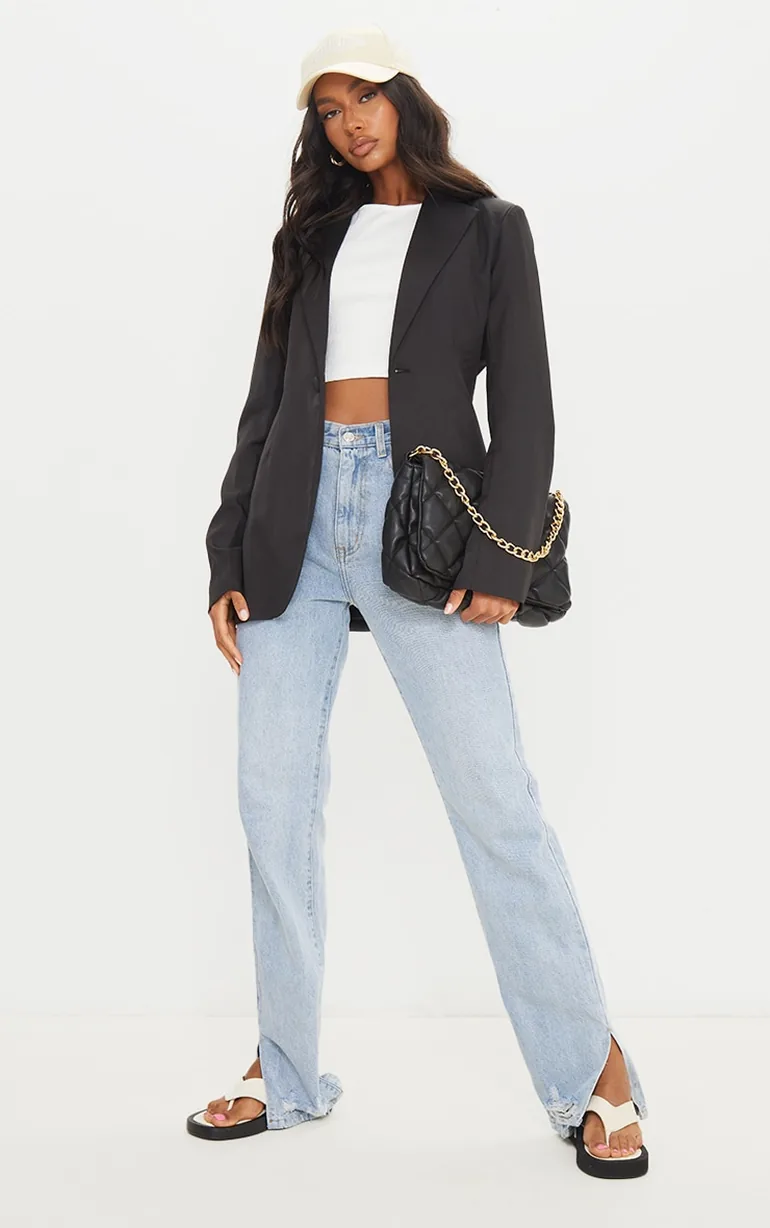 Black Woven Cinched Curve Hem Blazer - 2