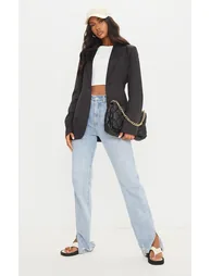 Black Woven Cinched Curve Hem Blazer - 2