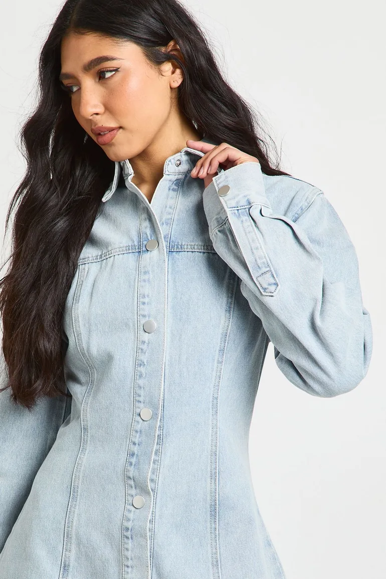 Tall Long Sleeve Cinched Waist Denim Dress - bleached blue Boohoo Blue :  Dresses : VogaCloset Qatar