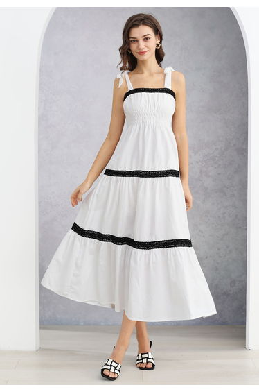 Lace Crochet Shirred Waist Tie-Strap Dress in White