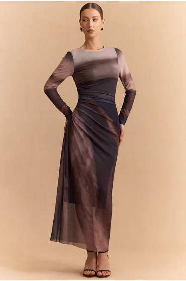 Tie-Dye Print Mesh Ruched Long Sleeve Maxi Dress