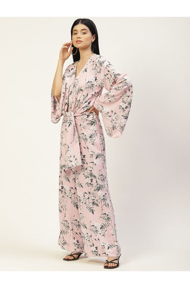 Women Floral Wide Leg Jumpsuit with Tie Waist