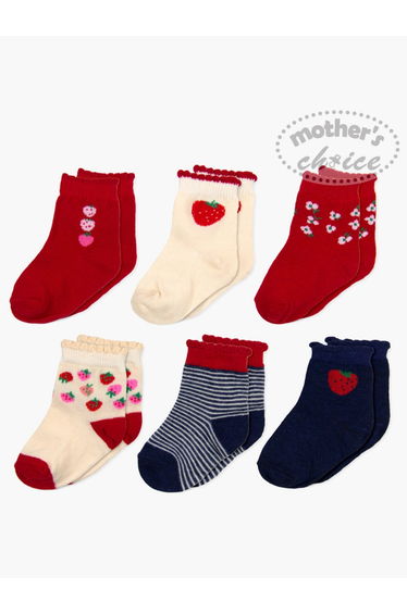 Baby 6 Pairs Straight Head Ankle Socks - Cotton Rich, Fruit Pattern, 6-12 Months