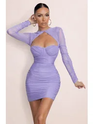 Daiquiri | Powder Blue Cut Out Ruched Mesh Mini Dress With Long Sleeves - 3