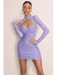 Daiquiri | Powder Blue Cut Out Ruched Mesh Mini Dress With Long Sleeves