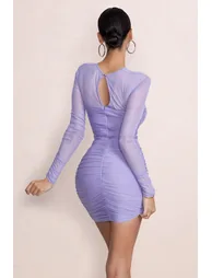Daiquiri | Powder Blue Cut Out Ruched Mesh Mini Dress With Long Sleeves - 1