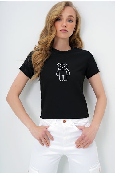 Women's Black Crew Neck Teddy Bear Embroidered Ottoban Crop T-Shirt