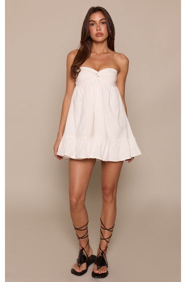 White Linen Look Twist Bandeau Shift Dress