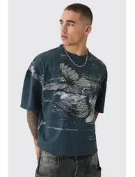 Oversized Boxy Butterfly Print Washed Raw Edge T-shirt - grey