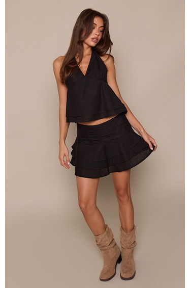 Black Cotton Halter Neck Tiered Top