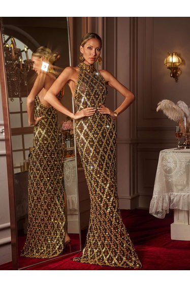 Liora Sequin Crystal Maxi Dress In Gold