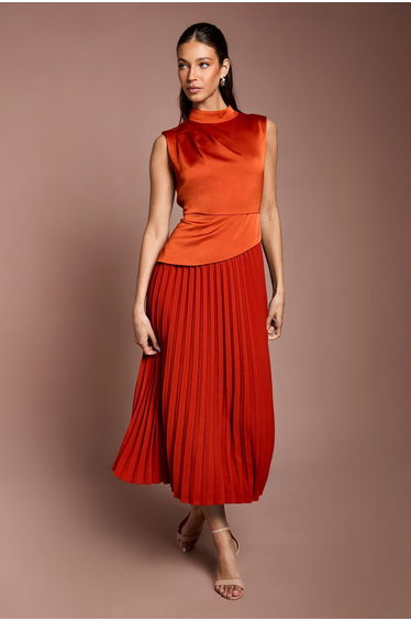 Drape High Neck Pleated Skirt Midi Dress