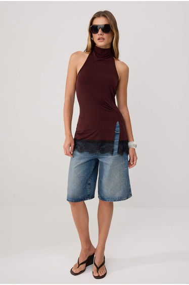 Brown Plain Regular Halter Neck Sleeveless Lace Detailed Stretch Knitted Blouse