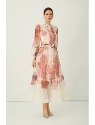 فستان سانفير قميص شيفون زهري ماكسي على شكل حرف A بأكمام طويلة بطبعة أزهار - 4