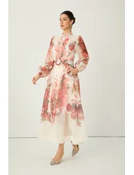 فستان سانفير قميص شيفون زهري ماكسي على شكل حرف A بأكمام طويلة بطبعة أزهار - 5