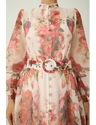 فستان سانفير قميص شيفون زهري ماكسي على شكل حرف A بأكمام طويلة بطبعة أزهار - 1