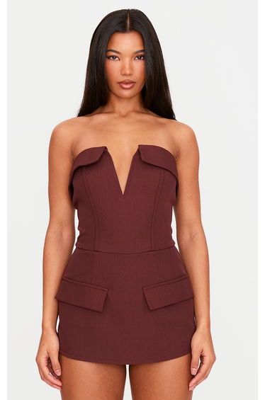 Dark Wine Structured Woven Corset Detail Bandeau Playsuit