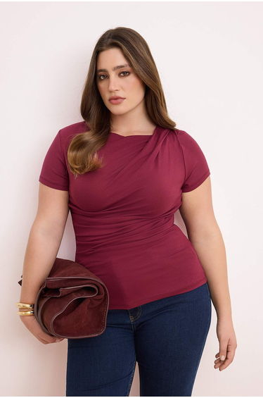 Burgundy Shirred/Draped Detailed Fitted/Fitted Knitted Plus Size Blouse