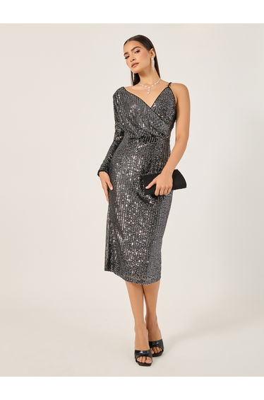 Sequinned One Long Sleeve Sheath Midi Dress