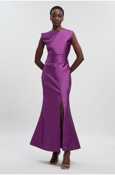 Satin Twill Draped Waist Structured Tailored Maxi Dress