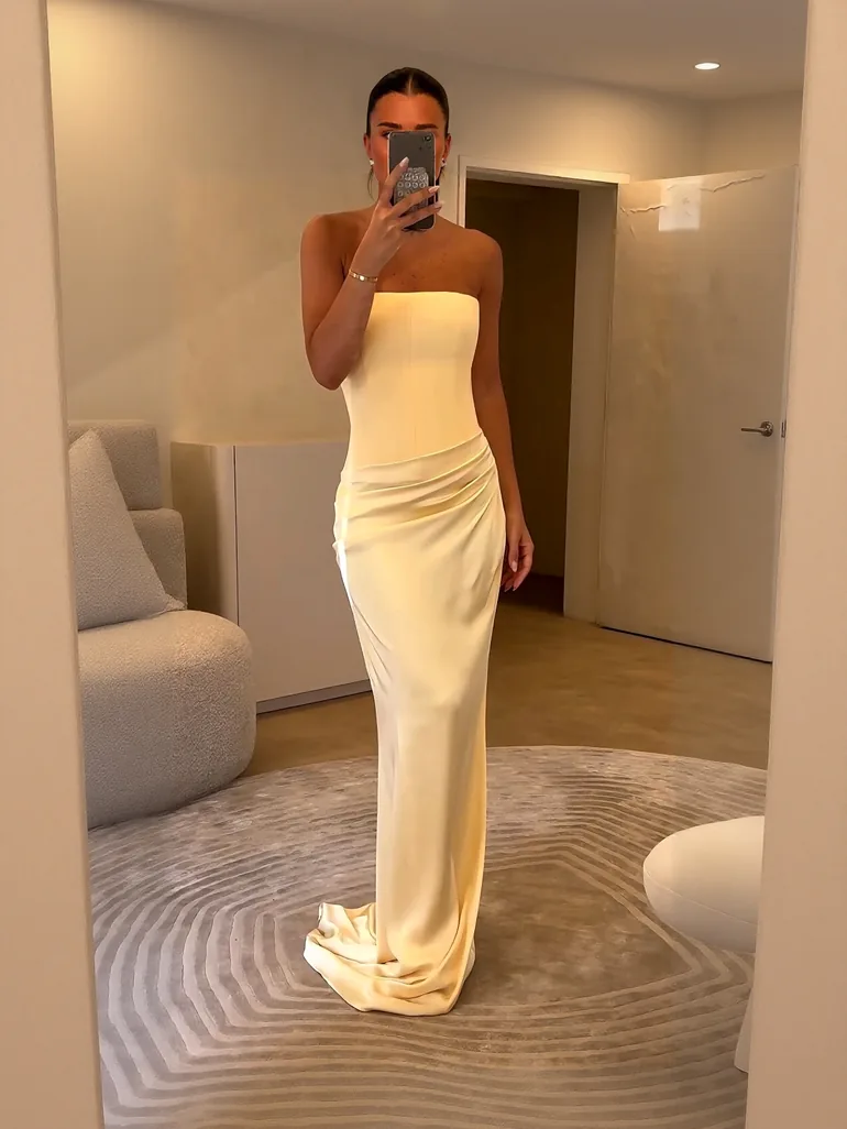 model dress simple elegan White Satin Tiered Maxi Dress - Corset Gown