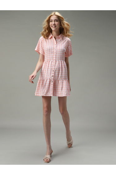 Peach Checkered Tiered Dress