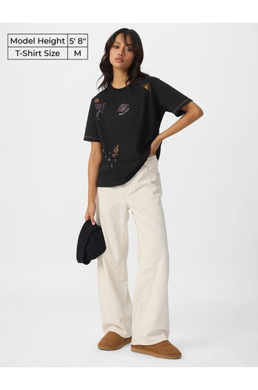 Black Space Girl Embroidered Relaxed Fit T-Shirt
