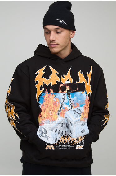 Black Oversized Dice Flame Printed Hoodie - black