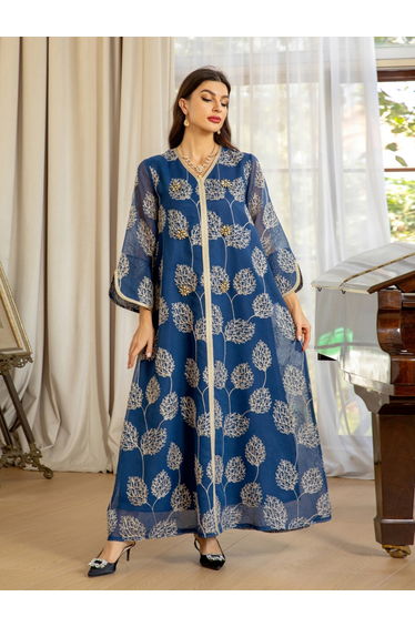 Women Blue Embroidered A-Line Jalabiya
