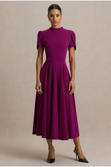 Vicky | Plum High Neck Midi Dress With Puff Sleeves