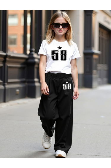 Girls Black Graphic Print T-Shirt and Trousers Set