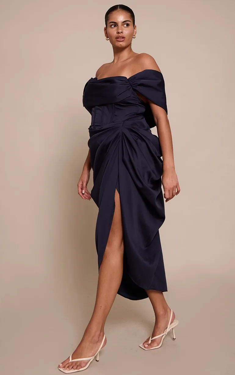 Plus Navy Corset Bardot Draped Midi Dress Prettylittlething Navy : Dresses  : VogaCloset Oman