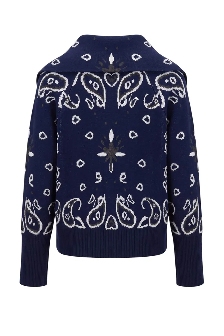 Navy Blue Ethnic Patterned Turn-Down Collar Knitwear Cardigan - 5