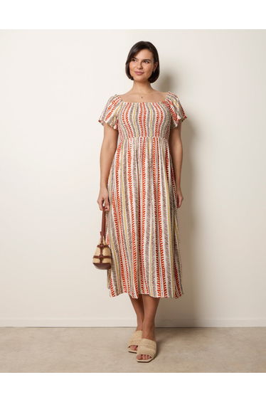 Short Sleeve Shirred Waist Abstract Print Dress