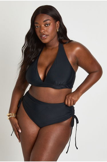 Plus Tummy Control Ruched High Waist Bikini Bottom - black