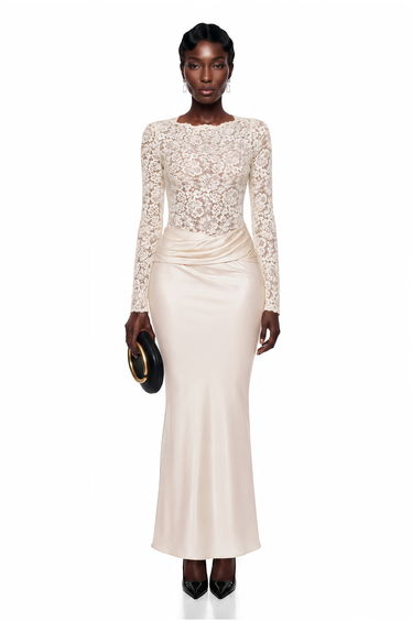 Parvaneh Cream Satin Maxi Dress with Lace Panels