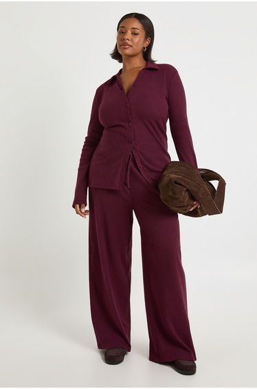 Plus Button Down Collared Top - burgundy