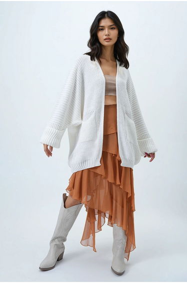 Women's Ecru Double Pocket Double Sleeve Selanik Knit Long Knitwear Cardigan