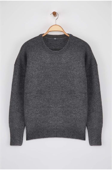 Anthracite Wool Premium Yarn/Special Yarn Basic Wide Pattern Knitwear Sweater