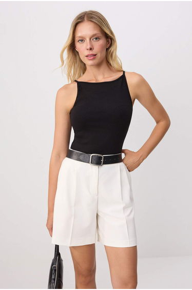 Black Fitted/Bodycon Boat Neck Sleeveless Corded Fabric Stretchy Knitted Undershirt