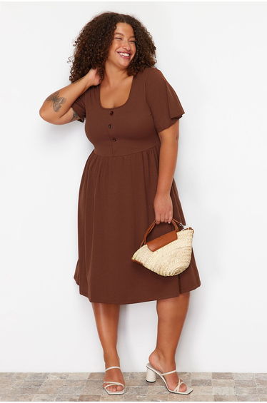 Brown Gathered Detailed Midi Ribbed Knitted Dress