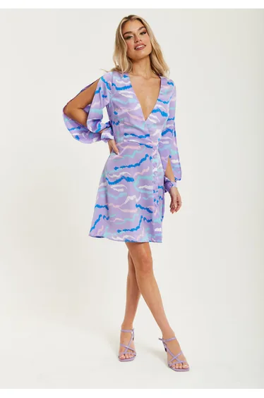 Women's Mini Dress in Lilac with Slit Sleeves and Unique Abstract Zebra Print .