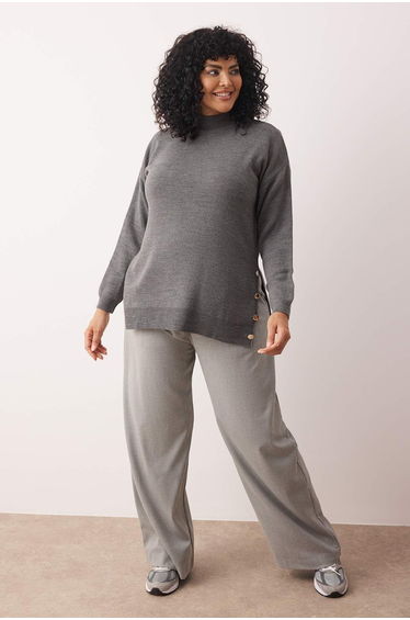 Anthracite Button Detailed Turtleneck Knitwear Sweater