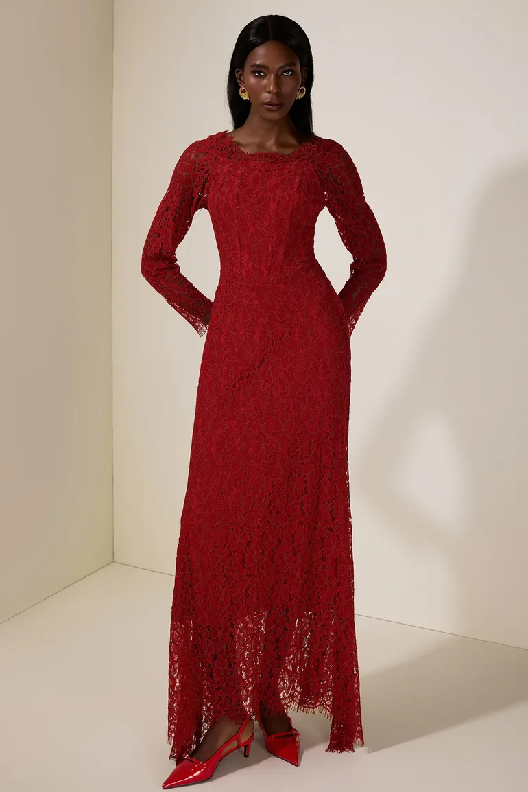 Lace Corset Long Sleeve Maxi Dress JardinVue Red : Evening Dresses : VogaCloset Oman Lace Corset Long Sleeve Maxi Dress JardinVue Red : Evening Dresses : VogaCloset Oman