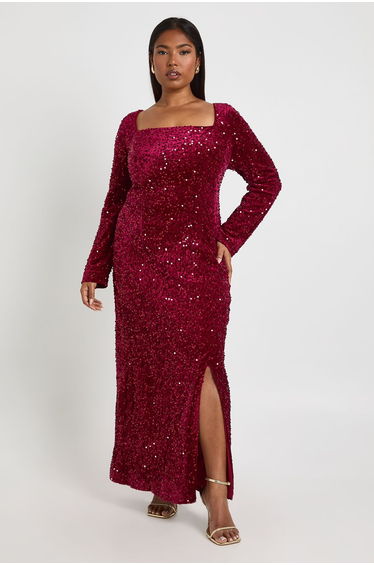 Plus Square Neck Long Sleeve Dress - burgundy