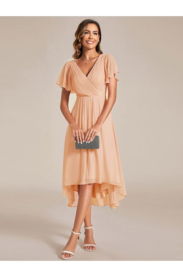 ever FAYE|Chic V Neck Asymmetrical Hem Ruffles Sleeve Pleated Chiffon Wedding Guest Dress