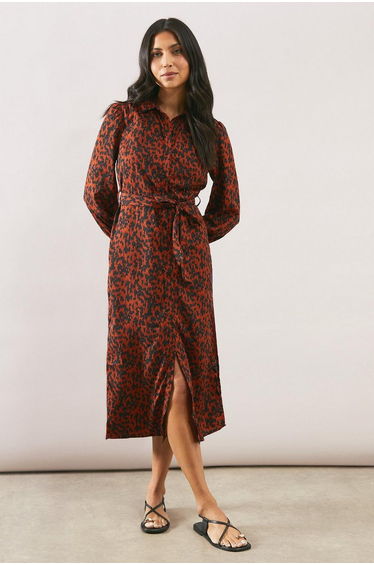 Leopard Long Sleeve Belted Shirt Dress
